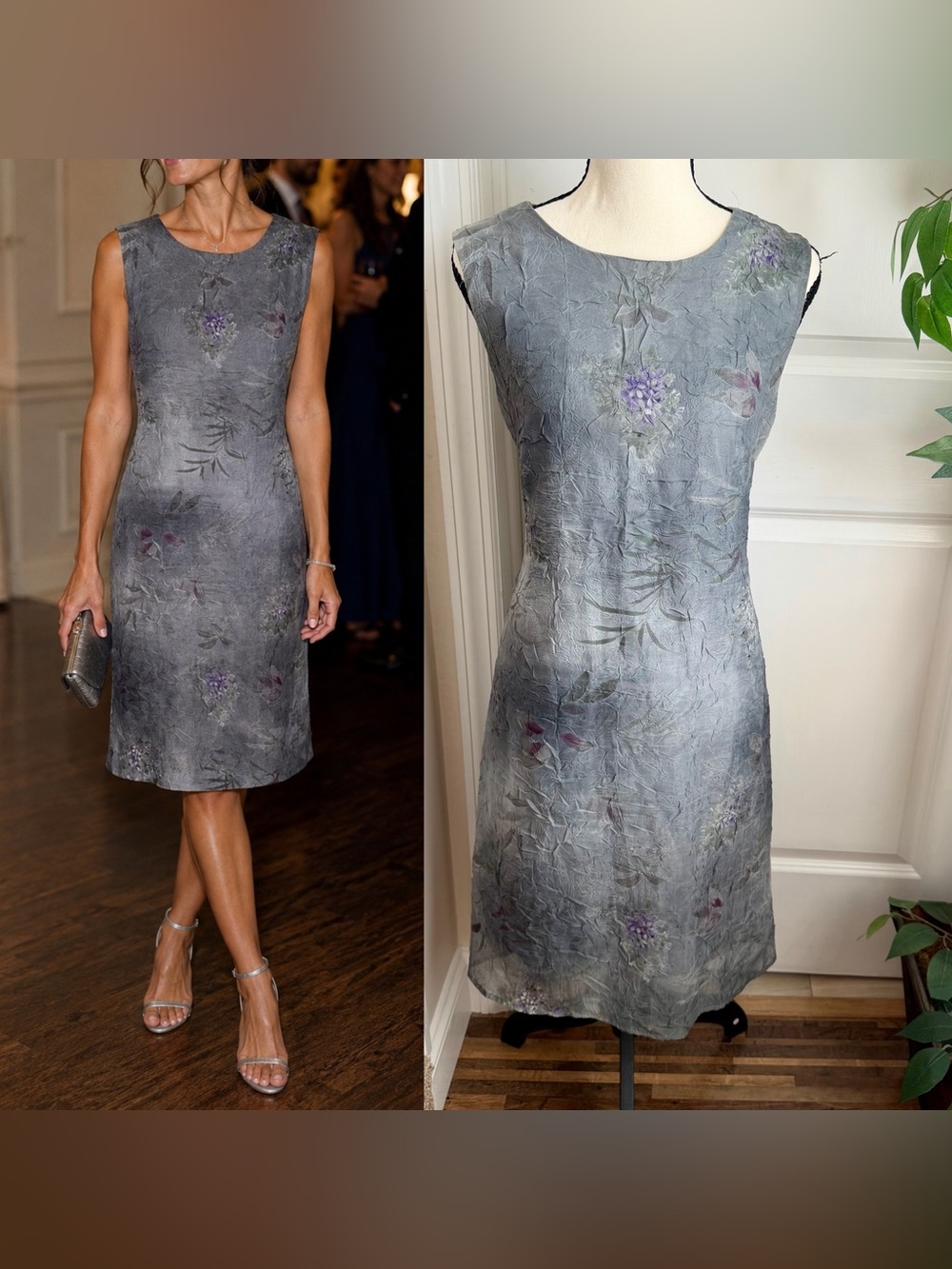 Helene Blake 90s Vintage Floral Crinkle Sheath Dress Sage Green Sz 11/12